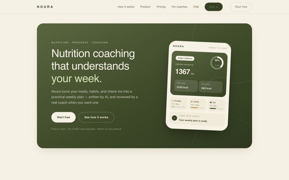 Screenshot of the Noura AI nutrition coaching product website.