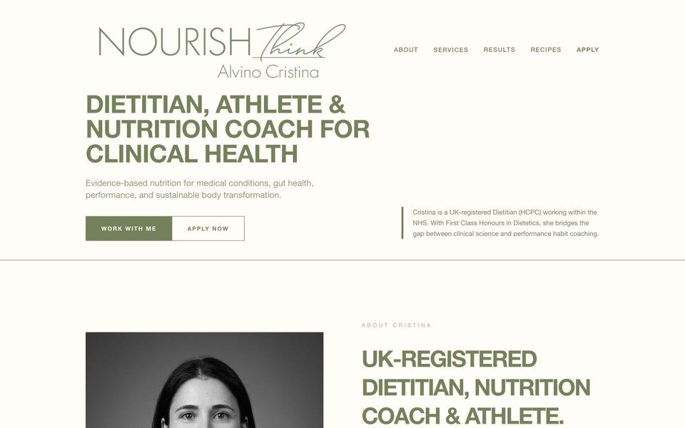 Screenshot of the NourishThink nutrition and performance coaching website.